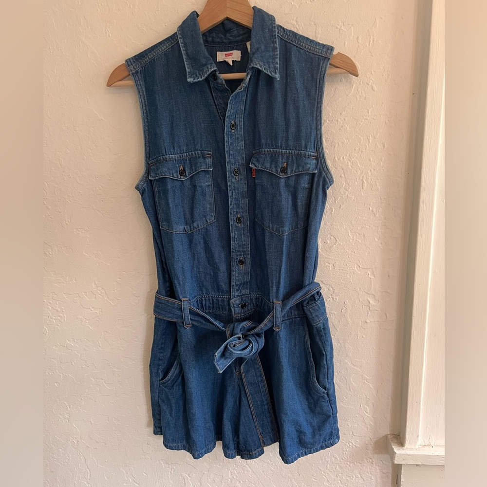 LEVIS 70s Style Denim Romper Coverall Shorts Belted Orange Tab Cotton Hemp